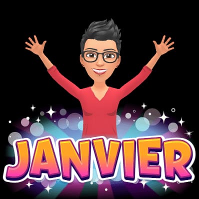 Personnage habillé de rouge sur fond noir avec le mot janvier écrit en lettres majuscules et en différentes couleurs (orange, rose)