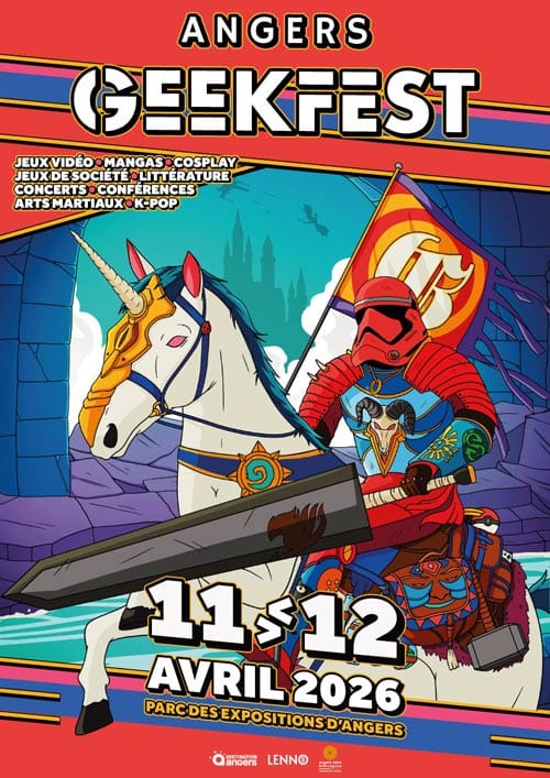 Affiche du festival Angers Geekfest 2026 avec un chevalier qui monte sur une licorne