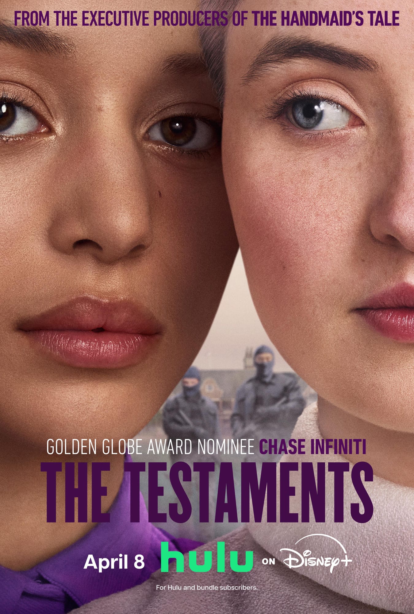 Affiche de la série Les Testaments, avec 2 demi-visages en gros plans et 2 gardiens tout de noir vêtus en fond
